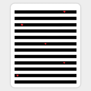 Striped black and white pattern - with a few red hearts Sticker